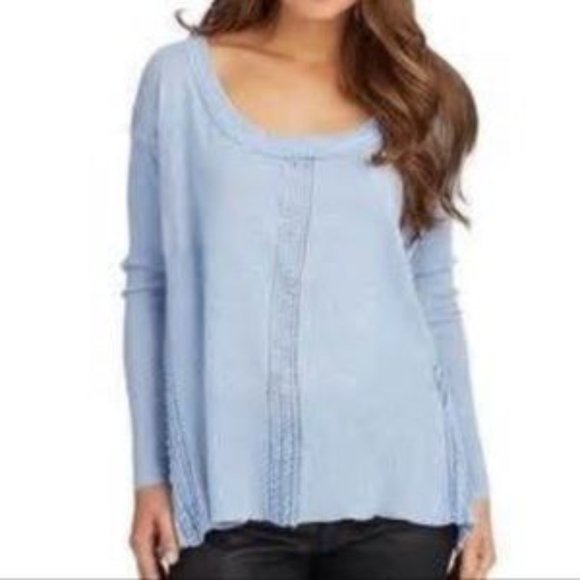 FREE PEOPLE blue lace trim high low ribbed sweater M - Picture 3 of 9